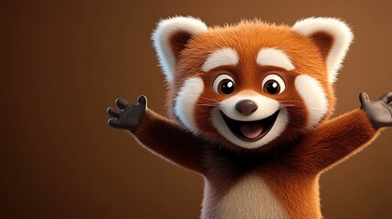 Smiling Red Panda Character with Open Arms on Plain Background