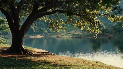 Large tree by a serene lake.