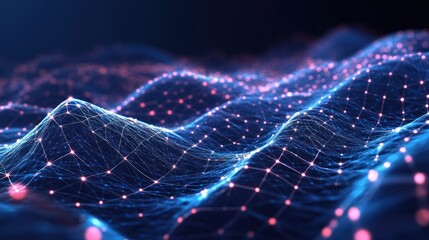 Abstract digital landscape with glowing nodes and connecting lines, representing data flow or network connections.
