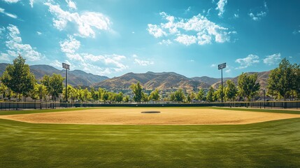 Obraz premium Empty baseball field, sunny day, mountains in background
