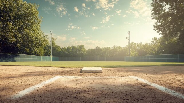 Empty baseball field at sunset.  Well-maintained diamond, sunlight filters through trees