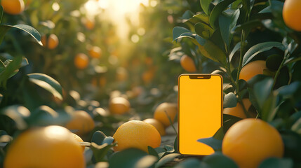 Citrus orchard with phone mockup and sunlit boxes, representing fresh harvest