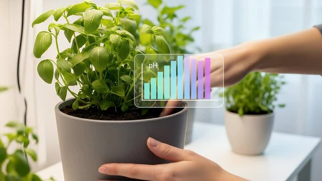 Person hands taking care of basil plant using augmented reality ph chart
