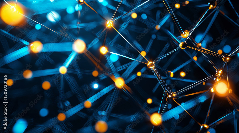 Poster abstract network design with glowing nodes on a dark background.