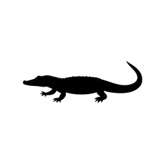 Black Silhouette Of a Side View Alligator Crawling on White vector illustration
