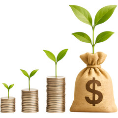 Money Bag and Coin Stacks with Growing Plants Financial Investment and Wealth Growth Concept isolated on Transparent Background