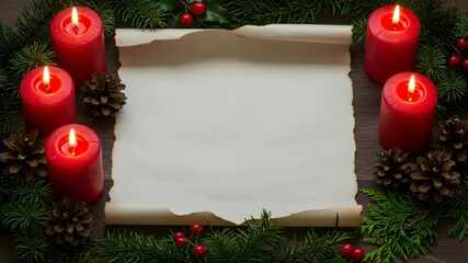 Festive Arrangement With Red Candles Burning Scroll and Evergreen Boughs on Wood Surface
