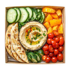 A fresh meal box featuring hummus, pita bread, cucumbers, yellow tomatoes, and cherry tomatoes.