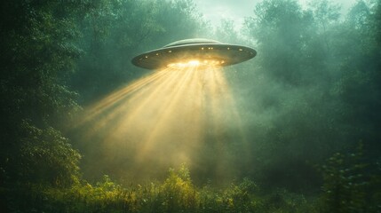 UFO in a misty forest