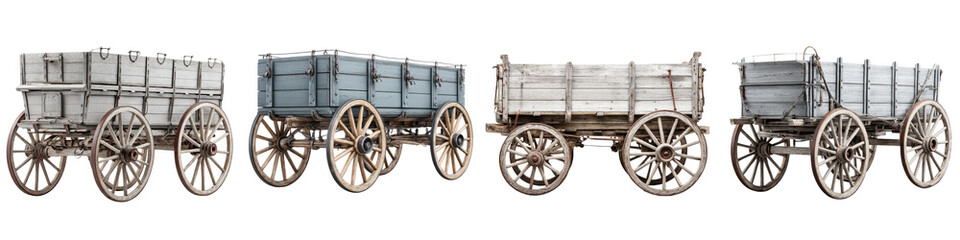 Fototapeta premium Rustic vintage wooden carts with rustic wheels, showcasing a palette of muted grays and whites, perfect for historical settings, decor, and farming themes