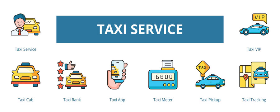 Taxi Service Lineal Color Banner Web Icon Set Vector Illustration, Taxi Service Cab VIP Meter Tracking Rank App Pickup 