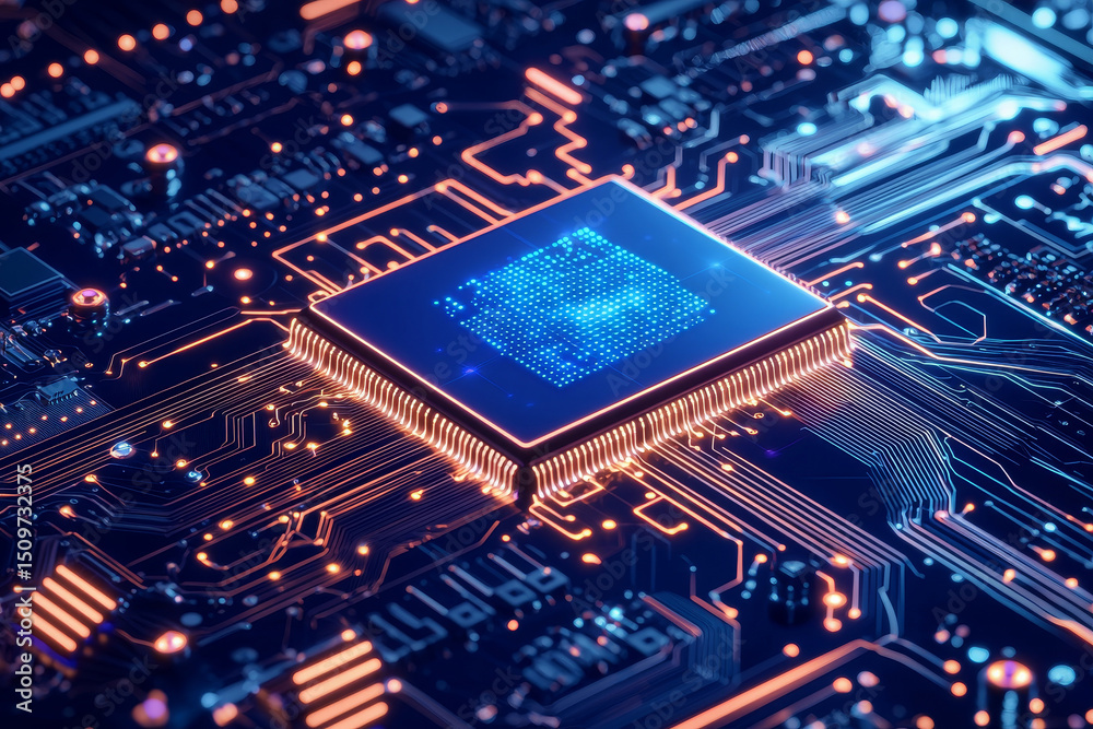 Poster close-up of a computer chip on a circuit board with intricate connections.