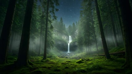 Luminous Waterfall Flowing Through Dense Green Forest with Misty Atmosphere and Ambient Light - Powered by Adobe