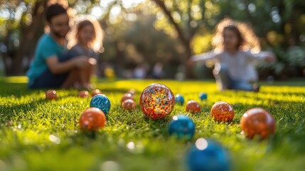 Children Playing with Colorful Glass Balls in Outdoor Garden Setting