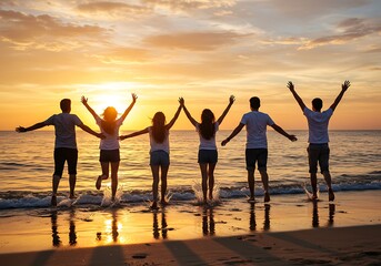 Happy friends running on the beach at sunset. Generative Ai