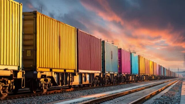 Cargo Train at Sunset: A freight train with a line of intermodal container on rail track glides through the landscape.