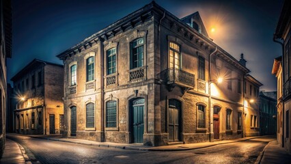 Naklejka premium Night Street Photography: Old City Building, Urban Exploration, Dark Alley, Vintage Architecture, Night Lights, Cityscape, Nocturne, Retro, Grunge, Dark, Mysterious, Urban.