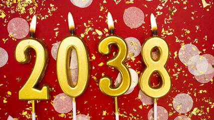 Happy New Year 2038. Holiday background. Numbers of year 2038 from burning golden candles on red...