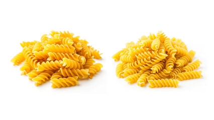 Two Piles of Uncooked Fusilli Pasta with Spiral Shapes, Arranged on a White Background for a Culinary Display
