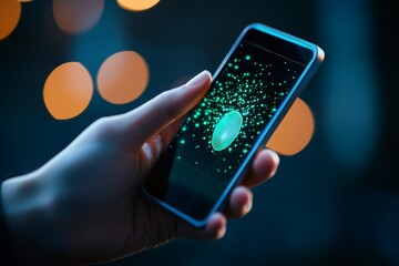 A hand holding a smartphone displaying a logo with bokeh lights.