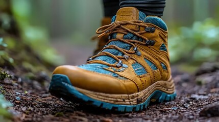 Close-Up of Hiking Boot on Forest Trail with Lush Green Background