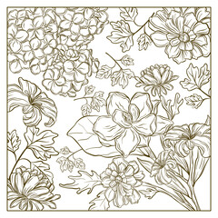 Obraz premium Beautiful floral illustration featuring various flowers and leaves, showcasing intricate line art and delicate details