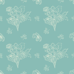 Beautiful floral pattern featuring delicate line drawings of various flowers and leaves soft teal background, evoking sense of tranquility
