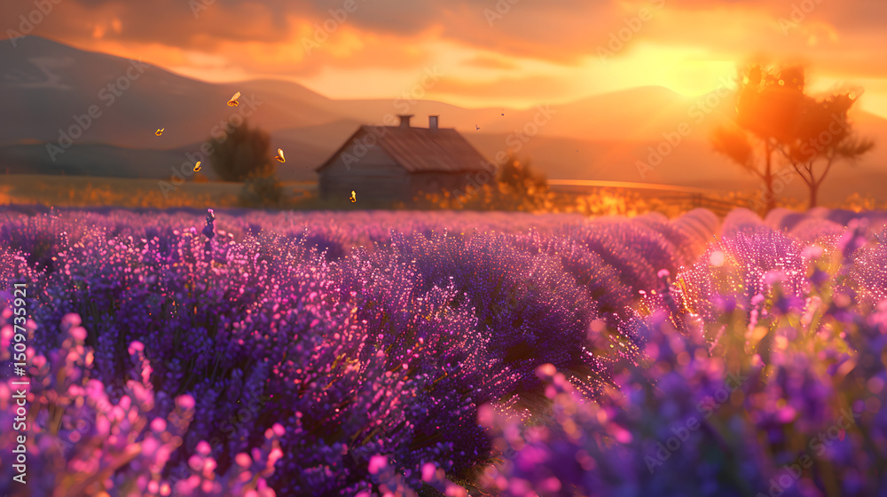 Aufkleber vibrant lavender field at sunset with a rustic cabin in the background.