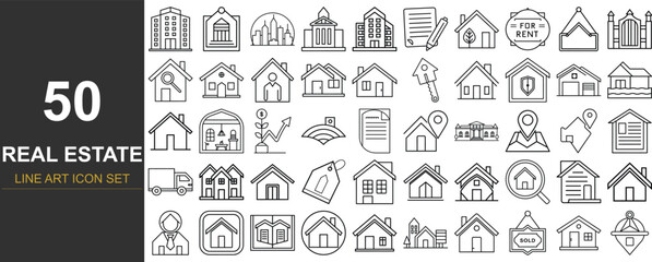 50 Clean Line Art Icons Focused on Real Estate and Housing Essentials Including For Sale Signs, Contracts, Smart Homes, Blueprints, Apartments, Rentals, Market Charts and Mortgage Tools for Modern App