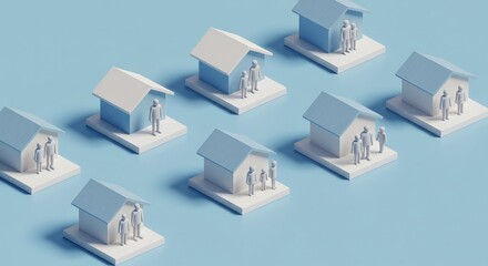 Houses with Figures Minimalist Isometric Design on Blue