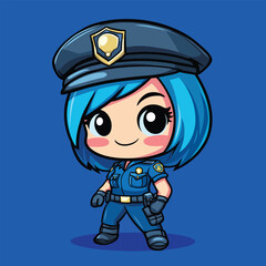 Cheerful Anime Policewoman with Bright Blue Hair in Uniform