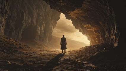 Fototapeta premium Explorer standing at the entrance of an ancient cave, the darkness beyond filled with the promise of discovery