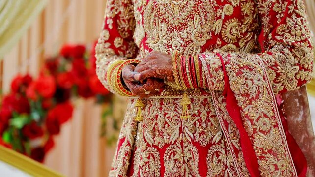 Bide is standing and holding her hands, dressed in traditional red Indian clothes, Elements of hindu wedding. Close up