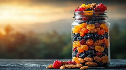 Colorful Jar of Mixed Dried Fruits and Nuts on Wooden Table