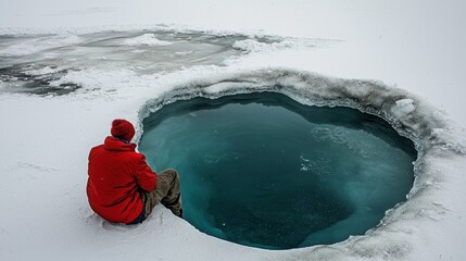 A person in a red jacket sits on the edge of a frozen lake, gazing at the ice hole in the middle of the lake.