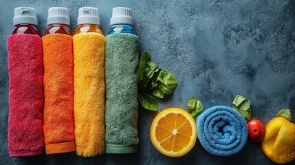 Colorful Bottles and Towels with Fresh Citrus on a Textured Surface