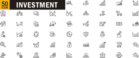 Investment editable outline icon set. Finance, growth, savings, banking, portfolio, ROI, economic strategy and more.