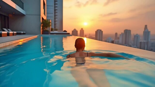 Time-lapse capturing a stunning woman swimming spa gracefully in a luxurious rooftop pool atop a high-rise condominium. Set against the breathtaking backdrop of a glowing sunset