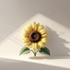 Detailed Single Sunflower with Green Leaves on White Background