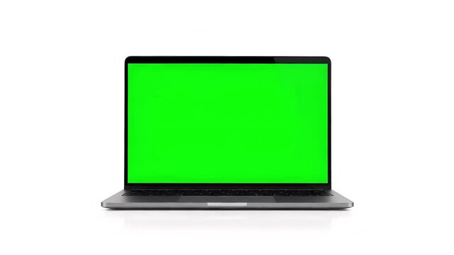 Modern laptop opening on white background with green screen display, clean 4K tech clip for UI demos, product mockups, video overlays, and stock footage editing