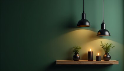 Three black pendant lights hanging over a wooden shelf with small plants and candles.