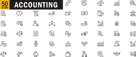 Accounting outline icon set. Finance, bookkeeping, tax, audit, ledger, financial report and more.