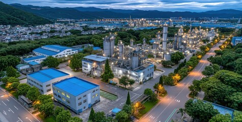 Aerial view of the state-of-the-art chemical plant in Hamburg, Germany at night with illuminated buildings and production lines. 