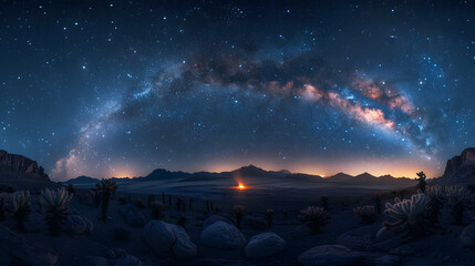 Starry night sky with mountains and desert landscape below.