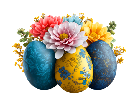 Colorful Easter eggs with flowers, Easter eggs with flowers isolated on a transparent background