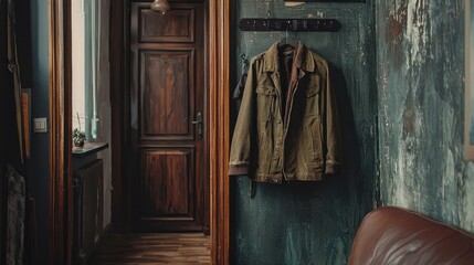 A green jacket hanging on a wooden door in a dimly lit, rustic hallway with a leather chair in the foreground and a wooden floor.