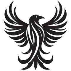 Fototapeta premium Stylized black vector phoenix with spread wings and curved tail feathers on a white background
