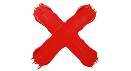 A bold stroke of vibrant red paints a decisive X signaling a critical decision or emphatic on transparent background
