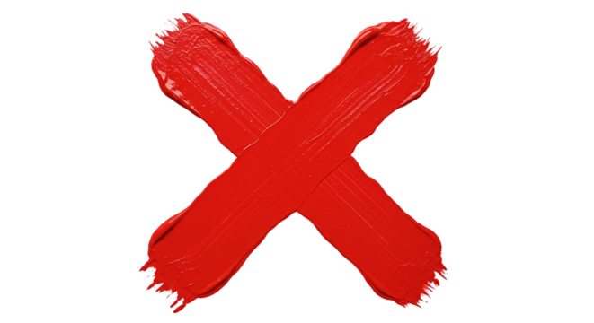 A bold stroke of vibrant red paints a decisive X signaling a critical decision or emphatic on transparent background