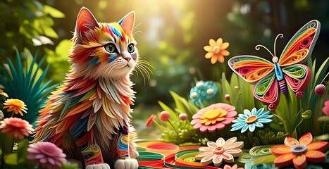 Exotic cat with a colorful butterfly and the fresh garden in quilling paper style.